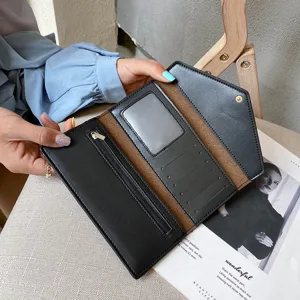 Women long trifold PU leather wallet retro vintage large capacity clutch purse black card slots