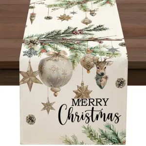 Christmas table runner with cute deer and pine branch print, festive holiday home decor.