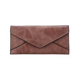 Women vintage brown long envelope wallet large capacity tri-fold PU leather clutch purse