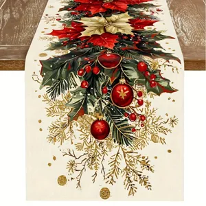 Festive Christmas table runner with red poinsettia and pine berry print for dining decor.
