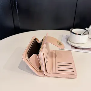 Femme court portefeuille rose fentes multiples élégant cuir PU zippé porte-monnaie quotidien sac