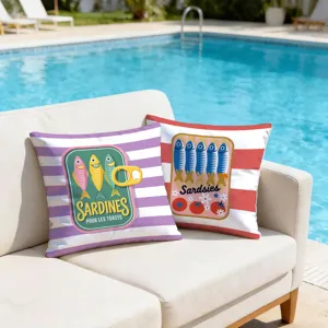American retro sardine print throw pillow case, seaside vacation style sofa cushion.