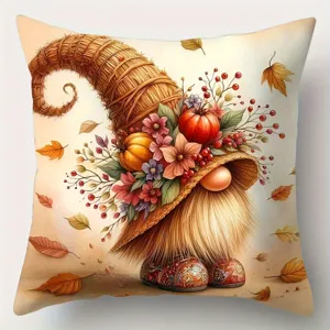 Thanksgiving autumn gnome throw pillow cover with pumpkin and maple leaf print for home decor.