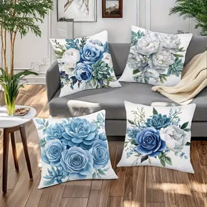 Vier blaue Rosen Blumen Kissenbezüge Set für Wohnzimmer Sofa Heimtextilien Dekoration gemütlich