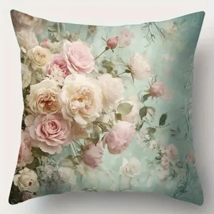 Close-up view of French vintage oil painting floral pattern throw pillow cover detail