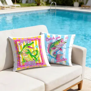 Retro cartoon animal pattern detail on a decorative throw pillow cover for outdoor resort style.