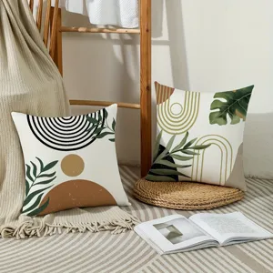 Nordic abstract geometric green plant throw pillow cover for cozy living room sofa decor.