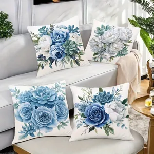Detailansicht blaue Rosen Blumen Kissenbezüge, Aquarell Pflanzen Druck, Heimtextilien.