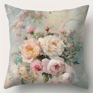 French vintage oil painting floral pillow cover, elegant peony decorative cushion for sofa.