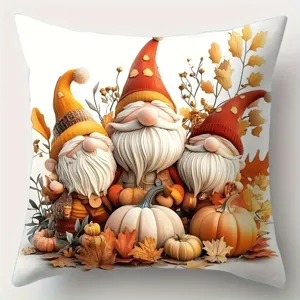 Autumn gnome and pumpkin pattern decorative throw pillow cover for cozy home living room decor.