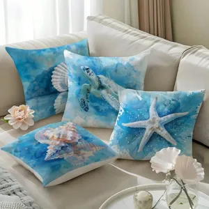 Fundas de cojín decorativas con tortuga marina y estrella de mar del océano acuarela.