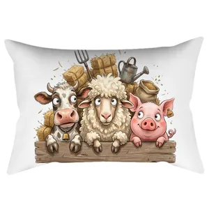 Detailopname van schattige boerderijdieren print op kussenhoes met rustiek houten schuttingontwerp.
