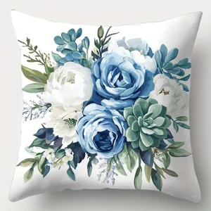 Blauer Rosen Blumen Kissenbezug Detailansicht mit elegantem botanischem Musterdruck.