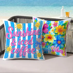Summer beach tropical decorative throw pillow cover, vibrant floral stripe design for home.