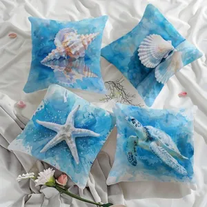 Funda de Almohada Estampada Acuarela Océano Tortuga Marina Estrella de Mar Concha Funda de Cojín Decorativa Sofá Hogar