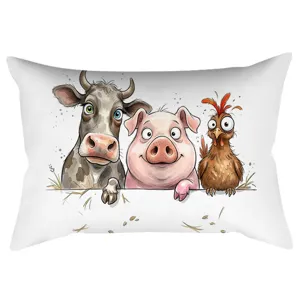 Gedetailleerd uitzicht op de schattige boerderijdieren kussensloop met koe, varken en kip.