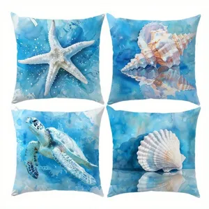 Funda de cojin estilo marino en acuarela con estrella de mar y tortuga para la decoracion.