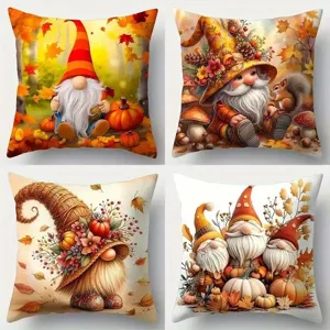 Thanksgiving Autumn Pumpkin Maple Leaf Elf Print Cushion Cover Short Plush Soft Pillowcase For Home Living Room Decor