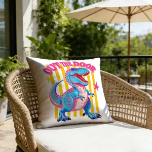 Outdoor patio decorative throw pillow cover featuring retro cartoon dinosaur print and stripes.