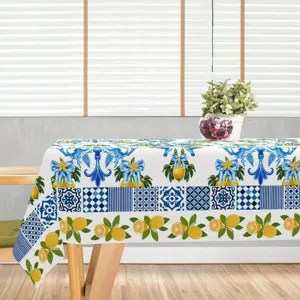 Mediterranean style lemon tablecloth blue white tile floral table cover for home decor