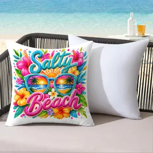 Tropical summer beach cushion cover with vibrant floral sunglasses print for outdoor decor.