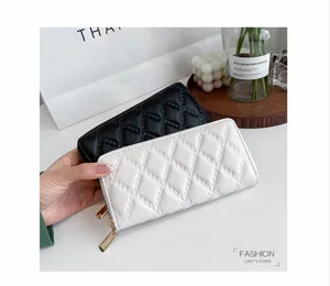 Dames gewatteerde lange portemonnee PU leer rits clutch kaartsleuven portemonnee zwart wit