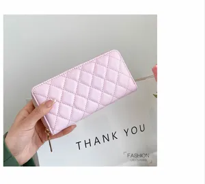 Portafoglio lungo trapuntato rosa da donna, zip, pelle PU, borsa elegante e pratica