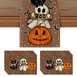 Halloween table runner and placemats set, linen fabric, spooky ghost and pumpkin decor.