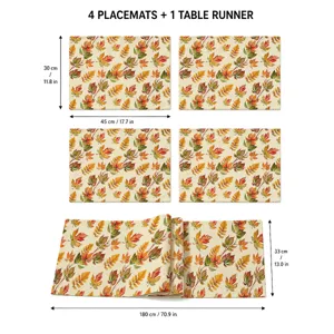 Detailed view of 4 autumn maple leaf placemats and 1 table runner set with dimensions.