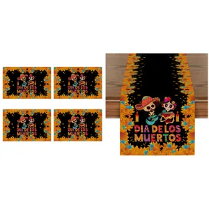 Halloween Day of the Dead table runner and placemats set, festive linen decor for dining.
