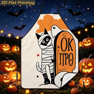 Halloween kitchen apron with cute mummy cat print, waterproof sleeveless baking bib for party.