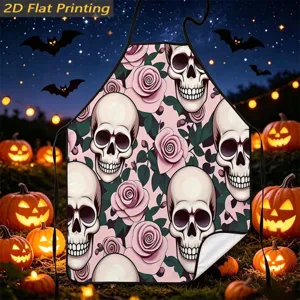 Halloween skull rose print apron detail, spooky kitchen cooking party home decor textile.