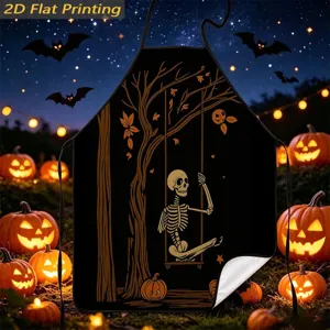 Halloween holiday kitchen apron with skeleton print, festive home decor cooking bib style.