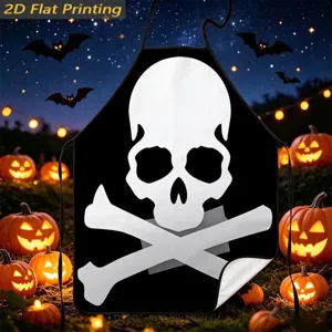 Halloween kitchen apron with scary skull and crossbones print, festive party decor item.