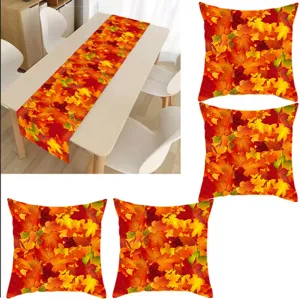 Autumn maple leaf table runner and cushion covers set for cozy living room and dining room home decor.