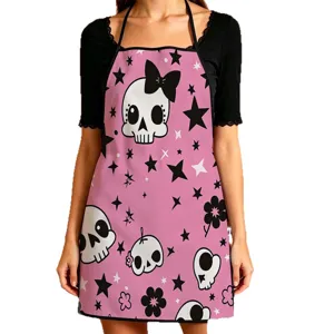 Pink skull and star printed kitchen apron, cute gothic style cooking baking apron for home use.
