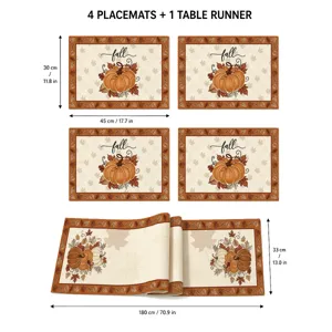 Fall Thanksgiving table runner and 4 placemats set with pumpkin print for home dining decor.