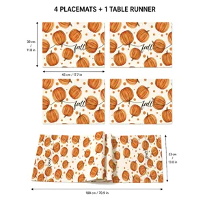 Fall pumpkin placemat and table runner set, perfect for Thanksgiving dining table decor.