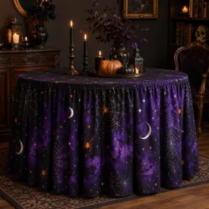 Λεπτομέρεια τραπεζομάντιλου Halloween με μοτίβο μωβ ιστού αράχνης και φεγγαριού.