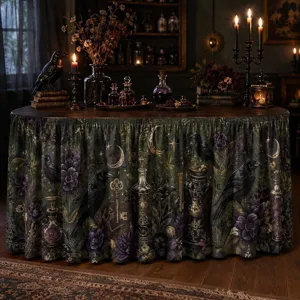 Γοτθική φούστα τραπεζιού Halloween με σχέδιο κορακιού και φεγγαριού, ιδανική για πάρτι.