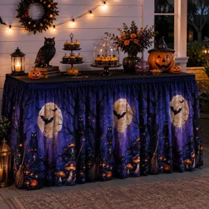 Φούστα τραπεζιού Halloween με σχέδιο φεγγαριού και κουκουβάγιας, ιδανική για πάρτι.