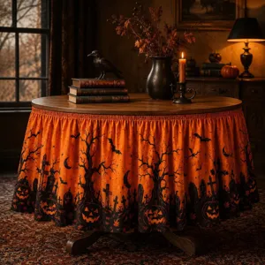 Φούστα τραπεζιού Halloween με τύπωμα κολοκύθας και δέντρου, ιδανική για διακόσμηση.