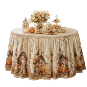 Halloween round table skirt with pumpkin castle ghost print, perfect for party banquet decor.