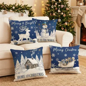 Christmas theme decorative throw pillow covers set featuring festive blue holiday prints.