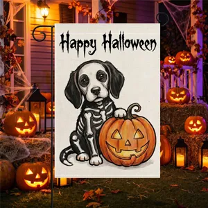 Halloween garden flag with cute skeleton dog and pumpkin print, outdoor yard decor banner.