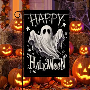 Halloween garden flag with cute ghost and pumpkin design, perfect outdoor yard decor banner.