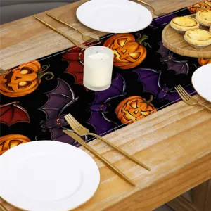 Halloween table runner with spooky pumpkin and bat digital print for dining table decor