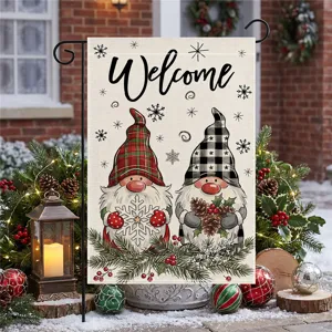 Bandiera da giardino di Natale con simpatici gnomi e testo di benvenuto all'aperto