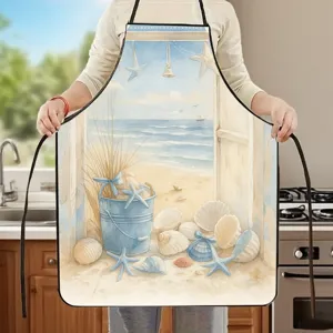Sommer Ozean Druck Schürze Küchendetail mit Aquarell Strand Muschel Motiv und Urlaubsstil.