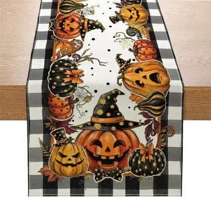 Halloween table runner black white buffalo plaid pumpkin print holiday home decor fabric